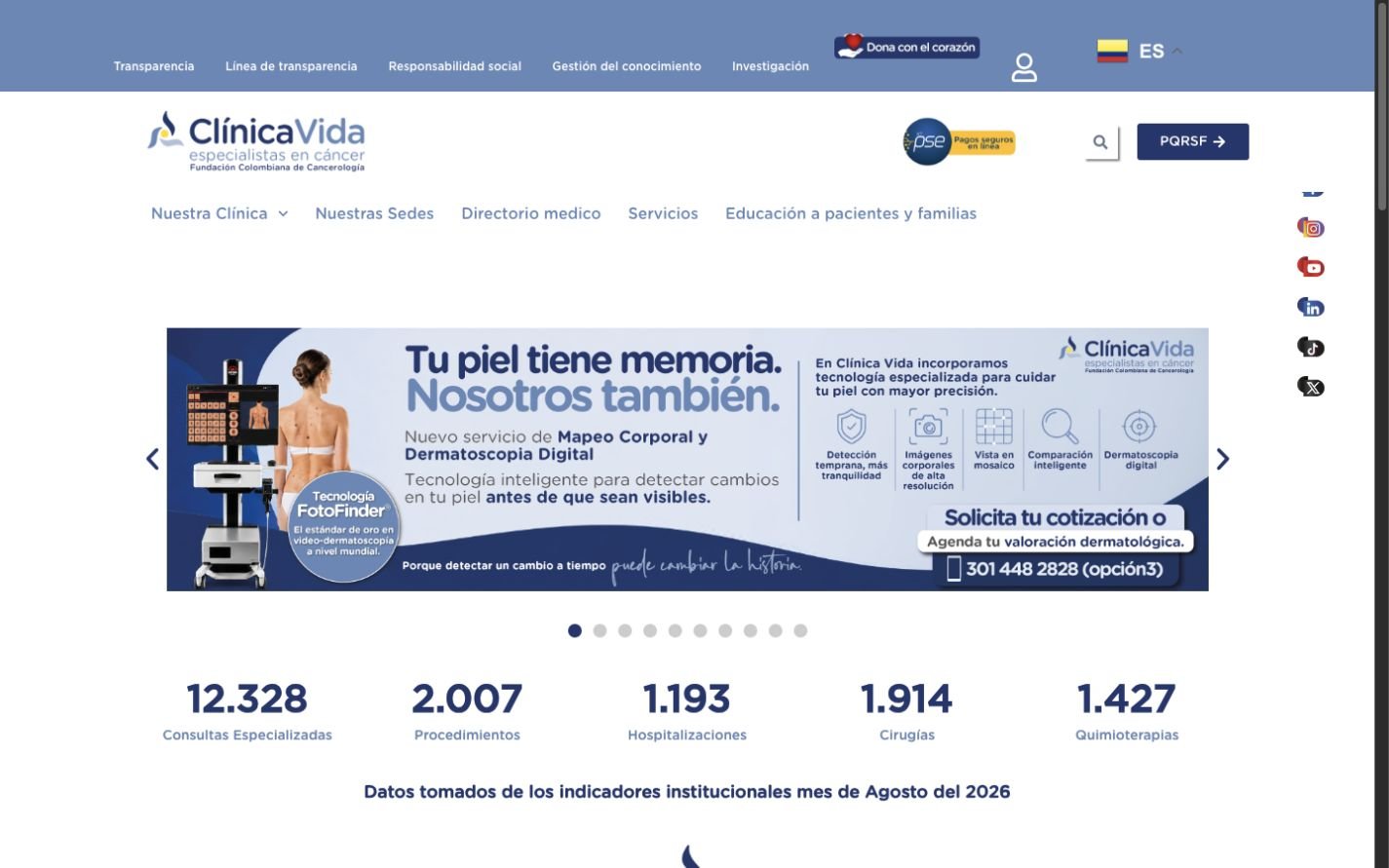 Captura real del sitio institucional de Clínica Vida